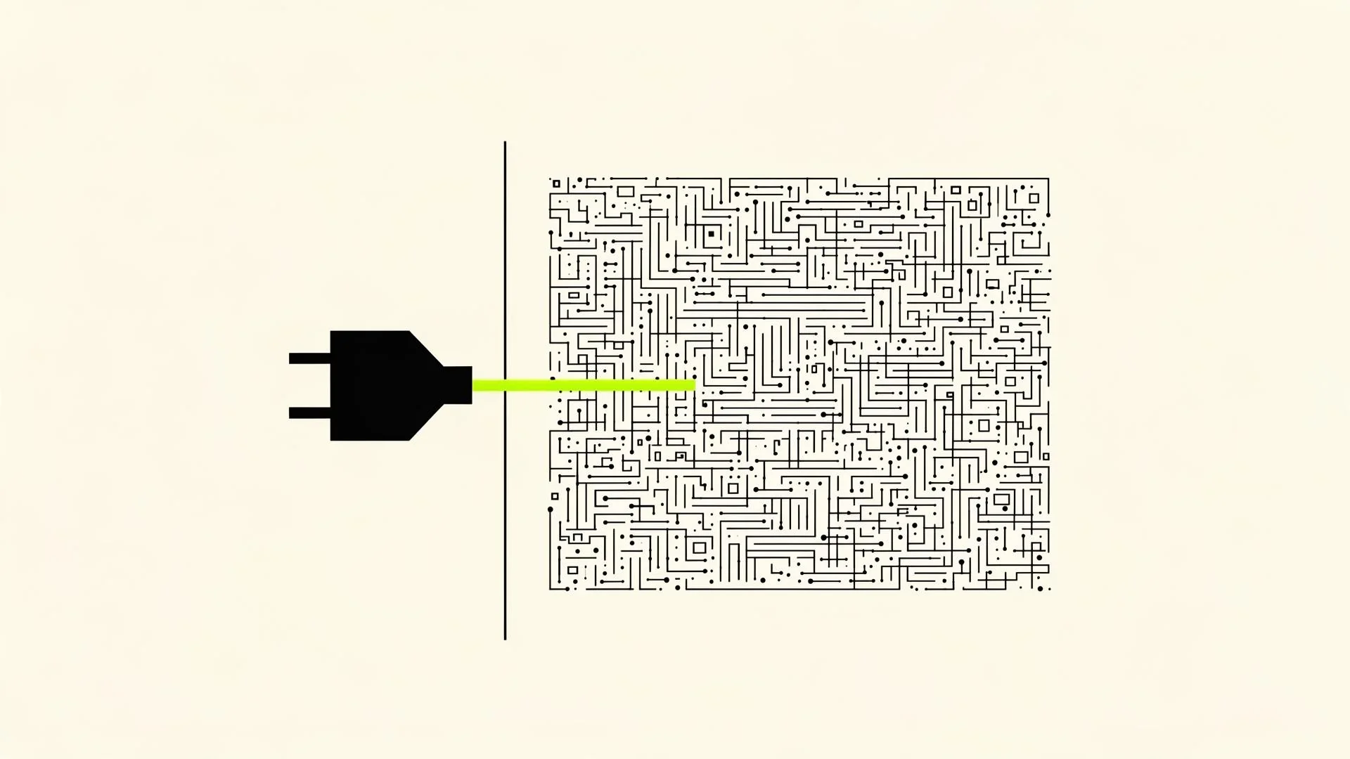 A clean plug connects through a wall into a dense circuit maze: your system sees a clean socket; behind it lives the complexity.