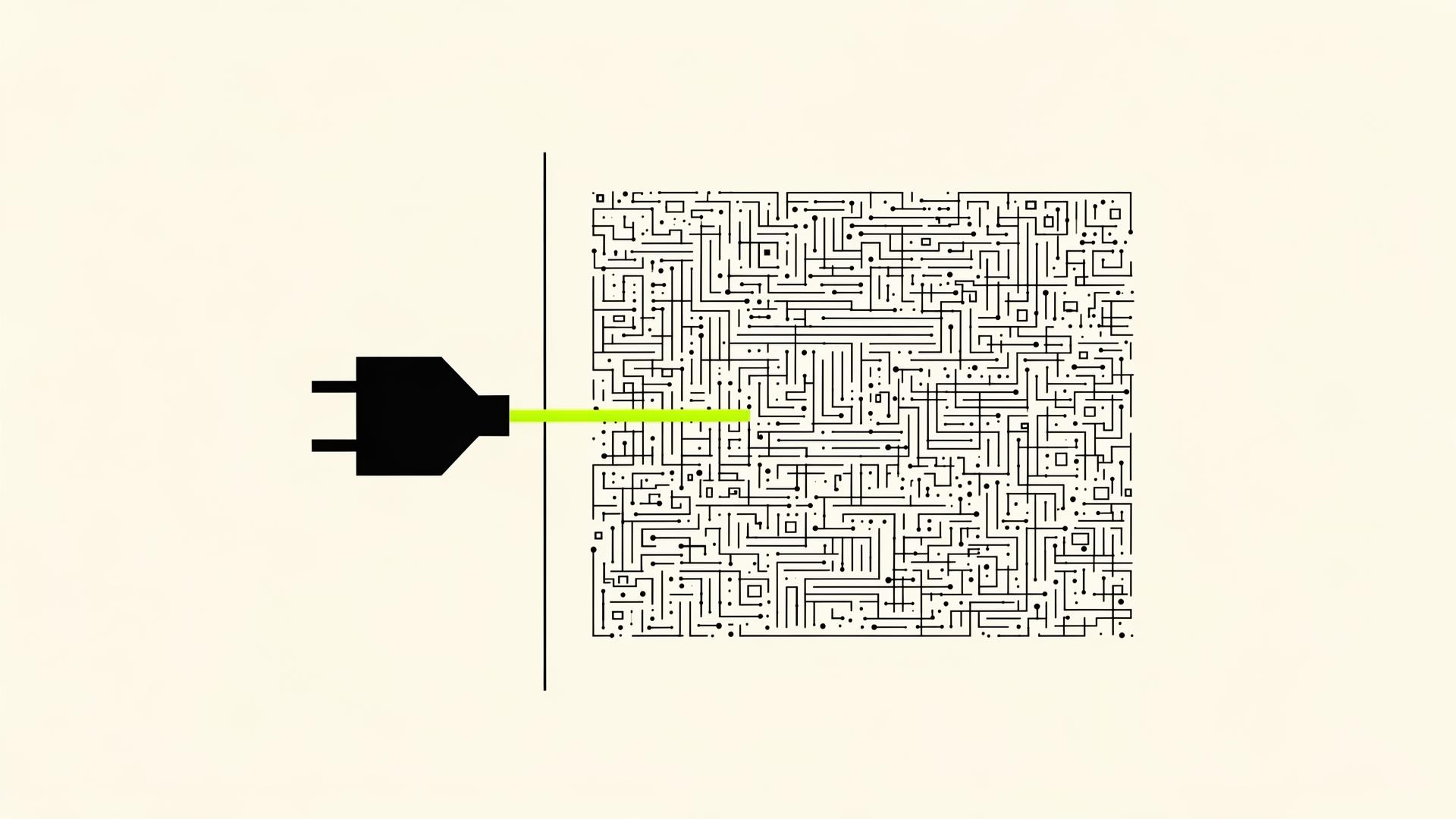 A clean plug connects through a wall into a dense circuit maze, the distributor sees a clean socket; behind it lives the complexity.
